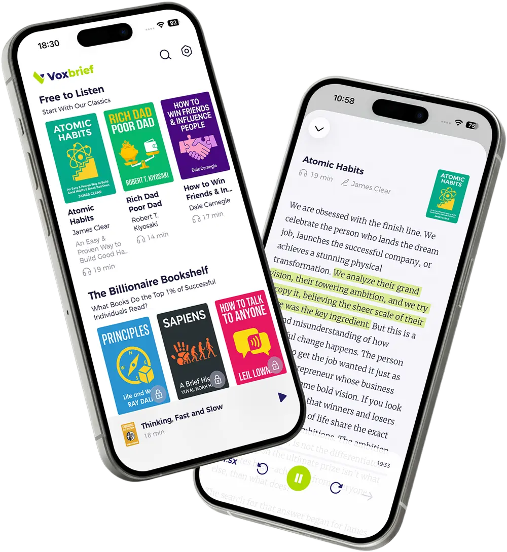 Voxbrief app screenshots showing the book list, audio player with text highlights, and wish list features